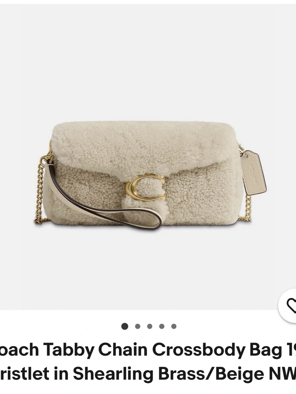 Coach Cream Shearling tabby chain crossbody 19 wristlet in shearling brass beige